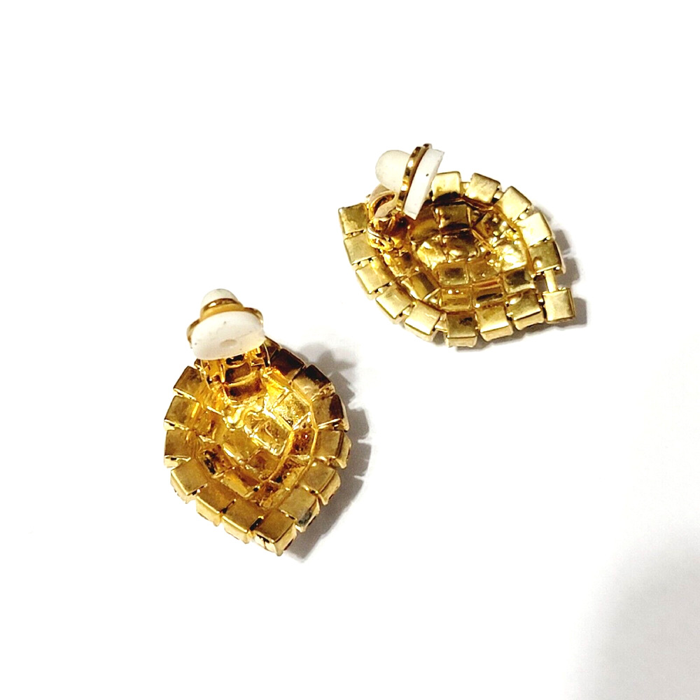 Vintage Sparkly Rhinestone Clip-on Earrings, Diamond-shaped Gold-tone wc-43 - Picture 6 of 6